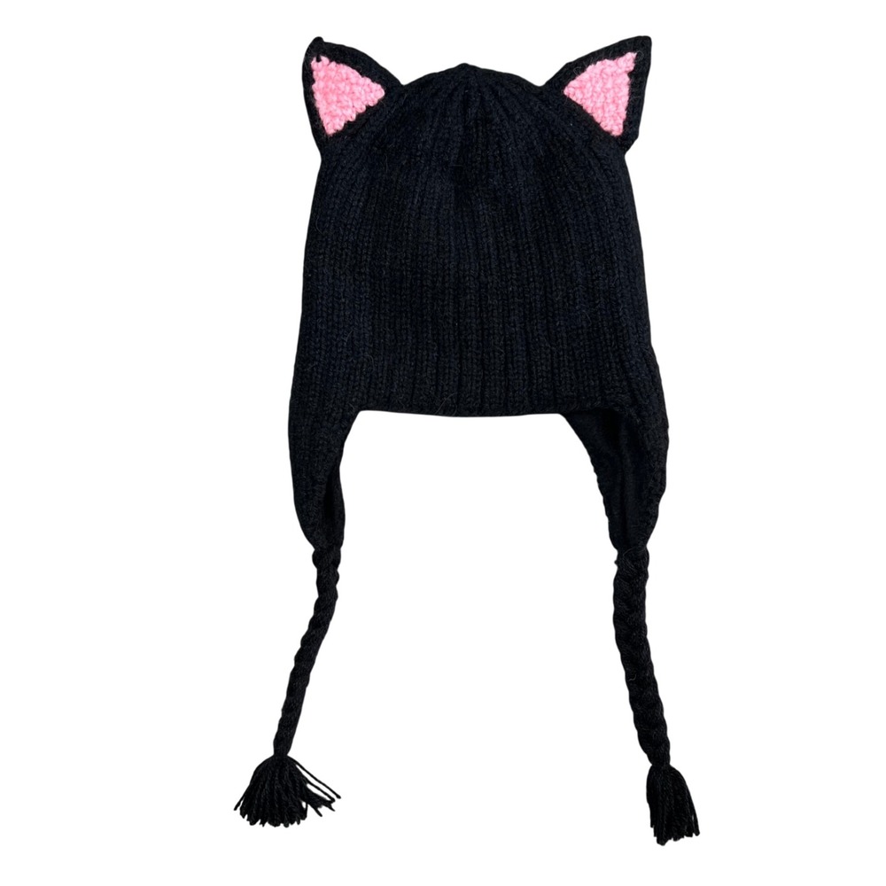 Andes Gifts Black Alpaca Blend Cat Ear Braided Tassel Beanie Hat Peru